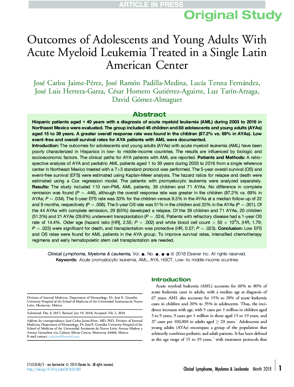 Outcomes of Adolescents and Young Adults With Acute Myeloid Leukemia Treated in a Single Latin American Center