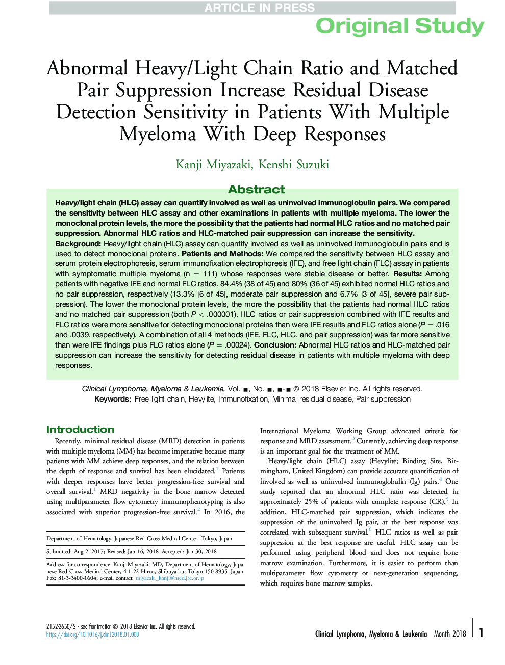 Abnormal Heavy/Light Chain Ratio and Matched Pair Suppression Increase Residual Disease Detection Sensitivity in Patients With Multiple Myeloma With Deep Responses