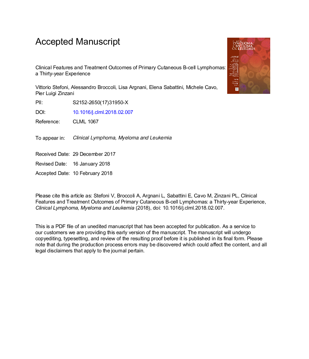 Clinical Features and Treatment Outcomes of Primary Cutaneous B-cell Lymphomas: AÂ Thirty-year Experience