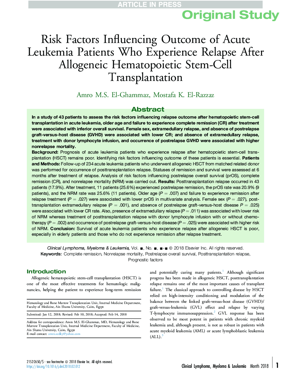 Risk Factors Influencing Outcome of Acute Leukemia Patients Who Experience Relapse After Allogeneic Hematopoietic Stem-Cell Transplantation