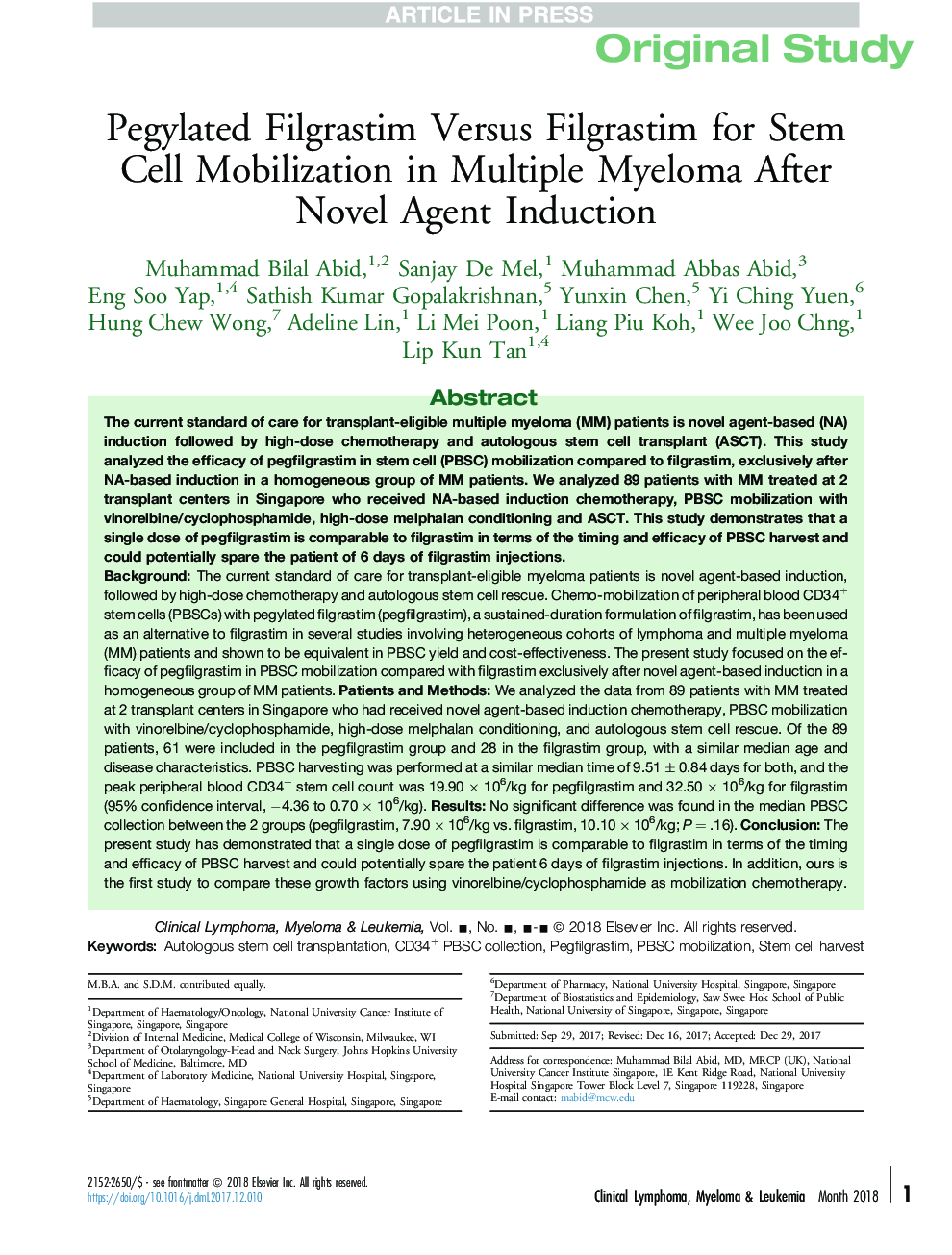 Pegylated Filgrastim Versus Filgrastim for Stem Cell Mobilization in Multiple Myeloma After Novel Agent Induction