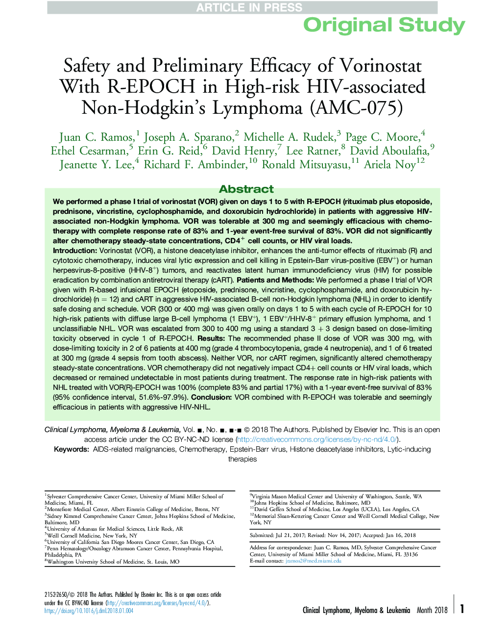 Safety and Preliminary Efficacy of Vorinostat WithÂ R-EPOCH in High-risk HIV-associated Non-Hodgkin's Lymphoma (AMC-075)