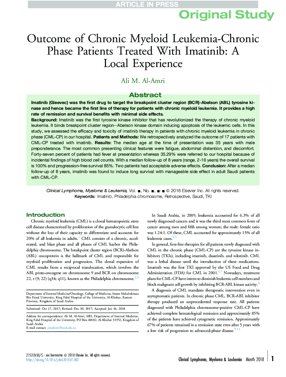 Outcome of Chronic Myeloid Leukemia-Chronic Phase Patients Treated With Imatinib: A Local Experience