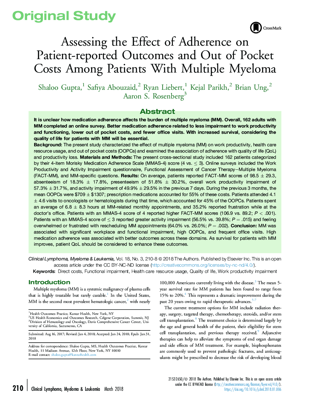 Assessing the Effect of Adherence on Patient-reported Outcomes and Out of Pocket Costs Among Patients With Multiple Myeloma