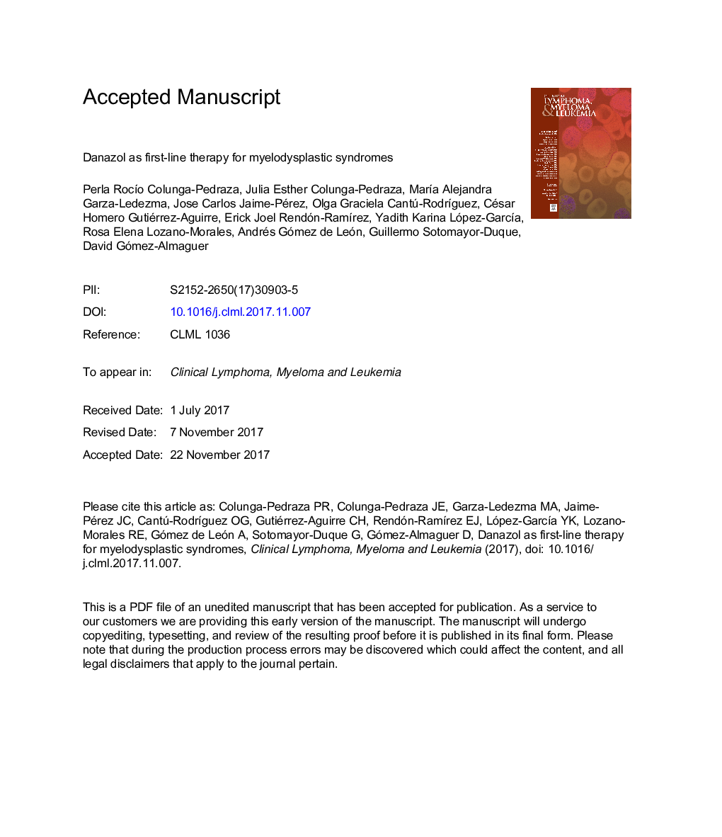 Danazol as First-Line Therapy for Myelodysplastic Syndrome