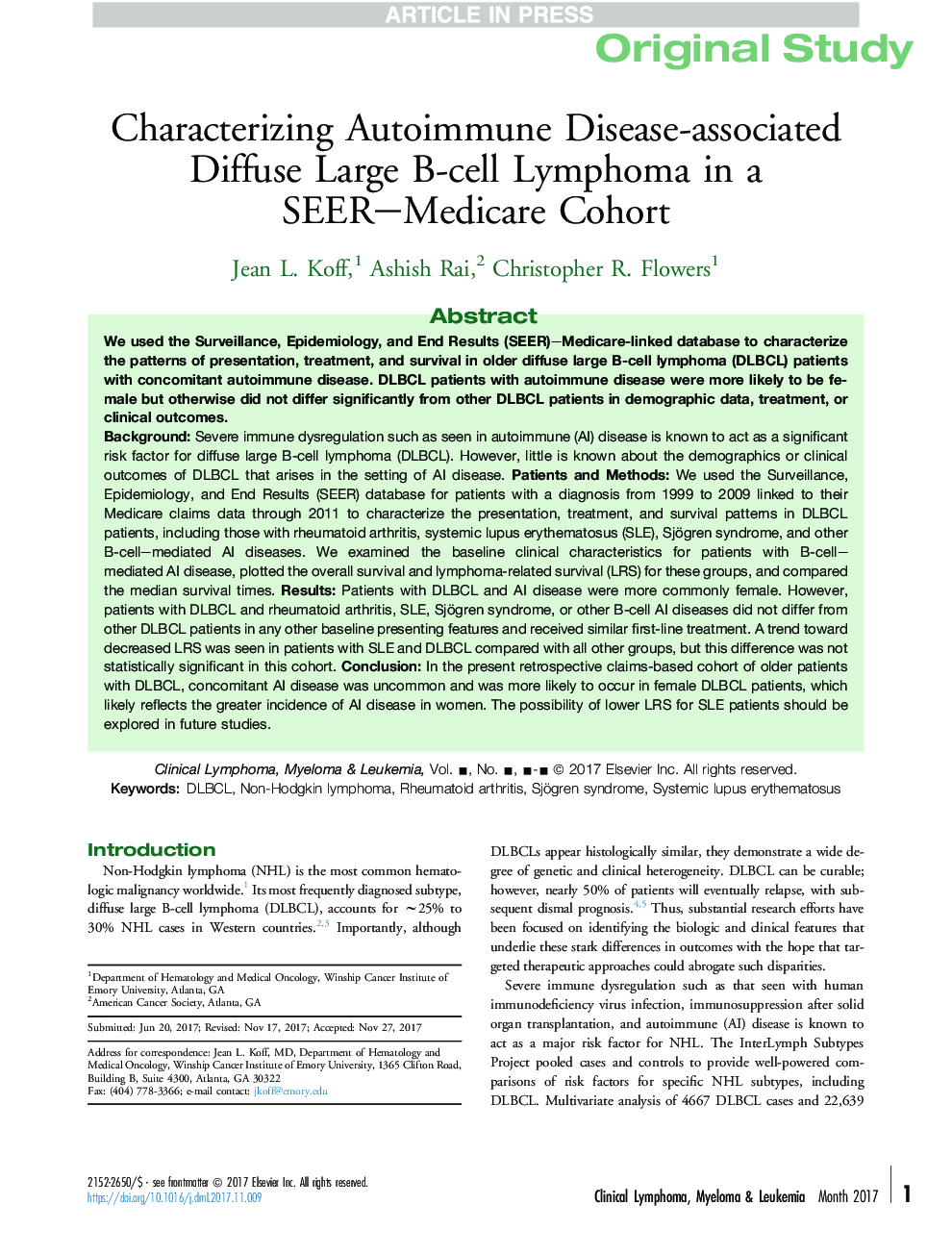 Characterizing Autoimmune Disease-associated Diffuse Large B-cell Lymphoma in a SEER-Medicare Cohort