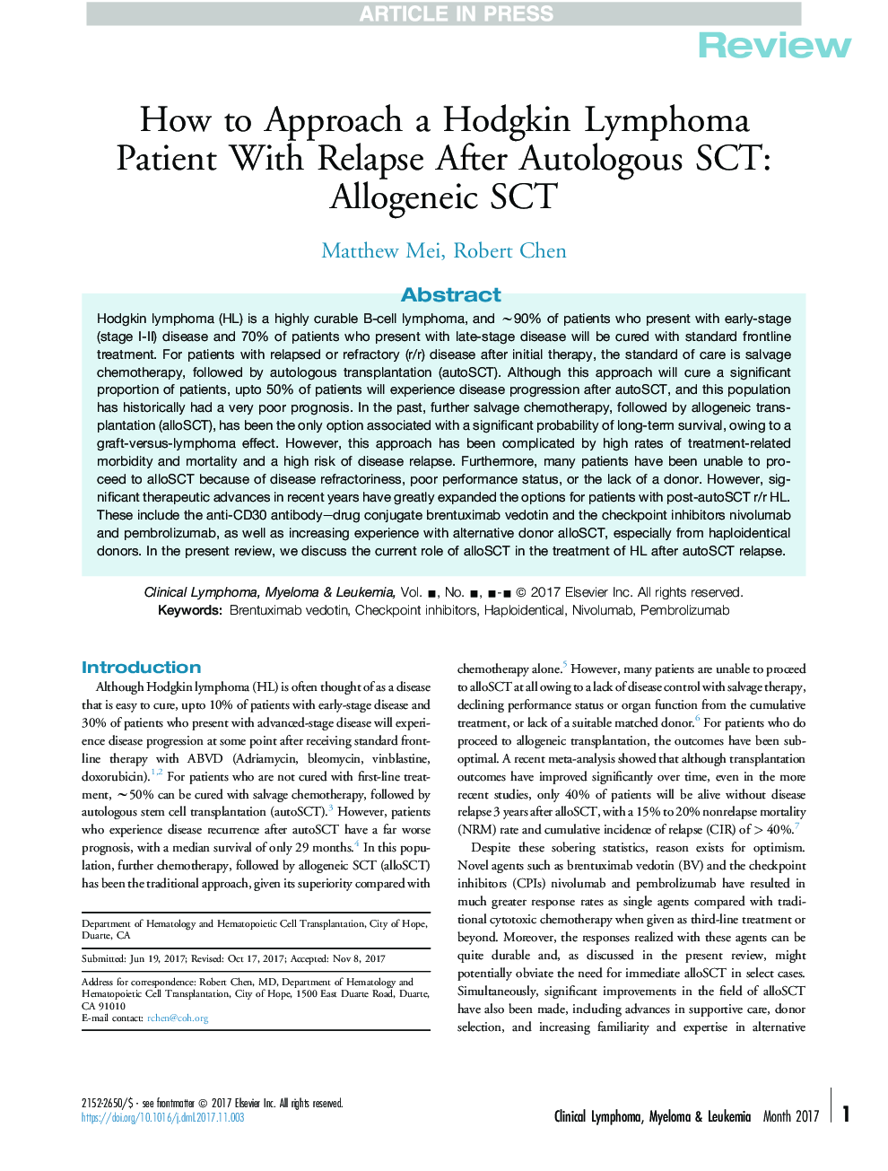 How to Approach a Hodgkin Lymphoma Patient With Relapse After Autologous SCT: Allogeneic SCT