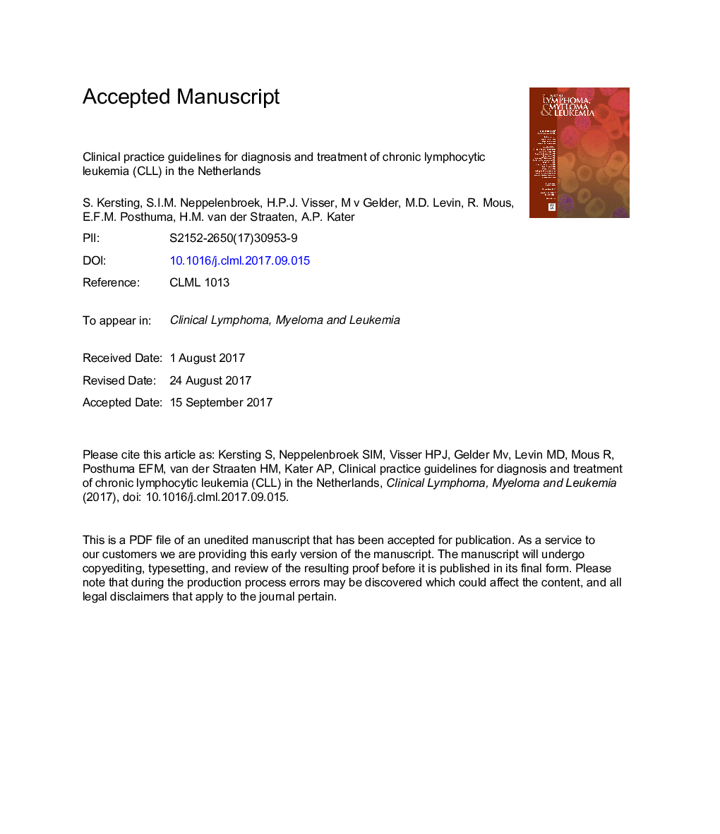 Clinical Practice Guidelines for Diagnosis and Treatment of Chronic Lymphocytic Leukemia (CLL) in The Netherlands