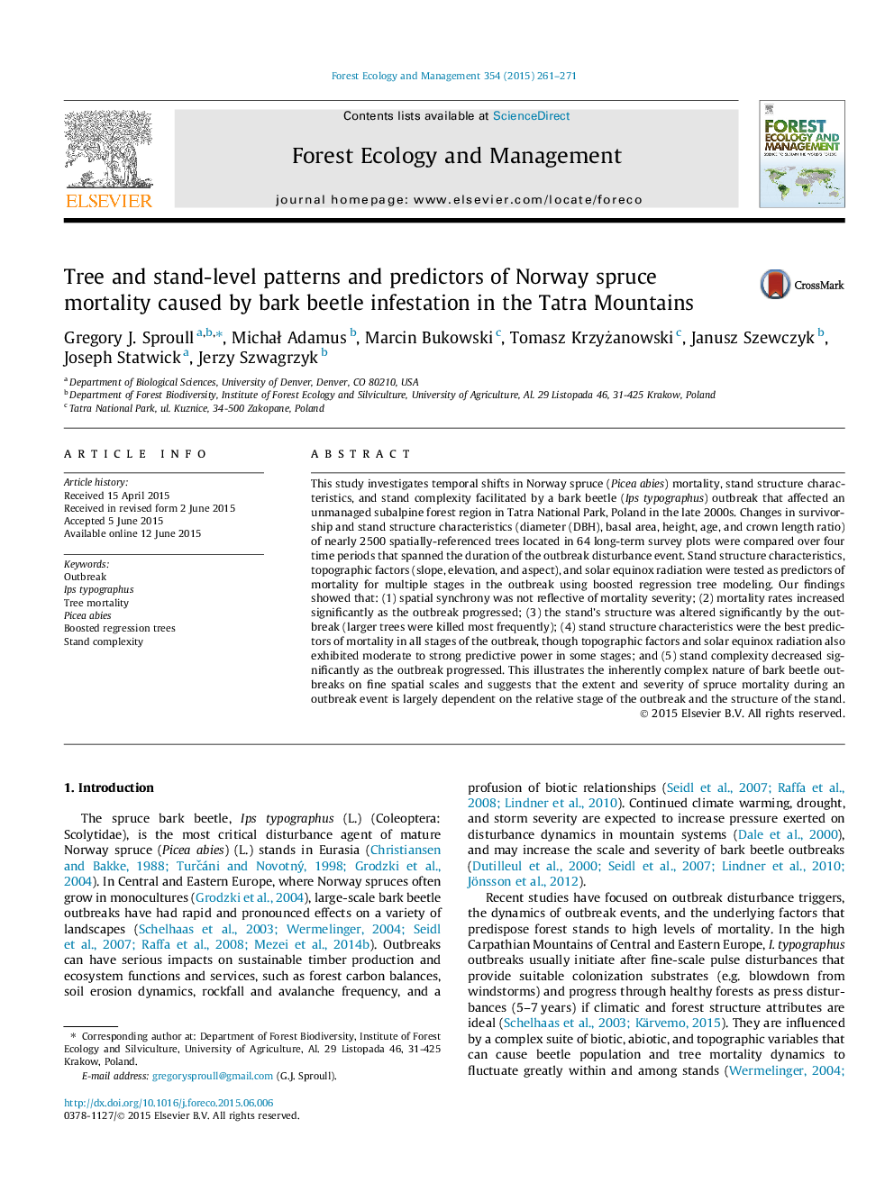 Tree and stand-level patterns and predictors of Norway spruce mortality caused by bark beetle infestation in the Tatra Mountains