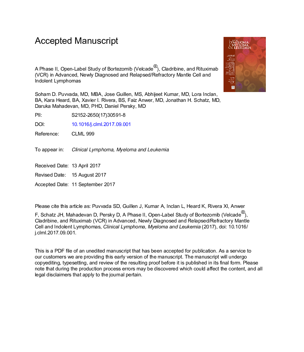 Phase 2 Open-Label Study of Bortezomib, Cladribine, and Rituximab in Advanced, Newly Diagnosed, and Relapsed/Refractory Mantle-Cell and Indolent Lymphomas