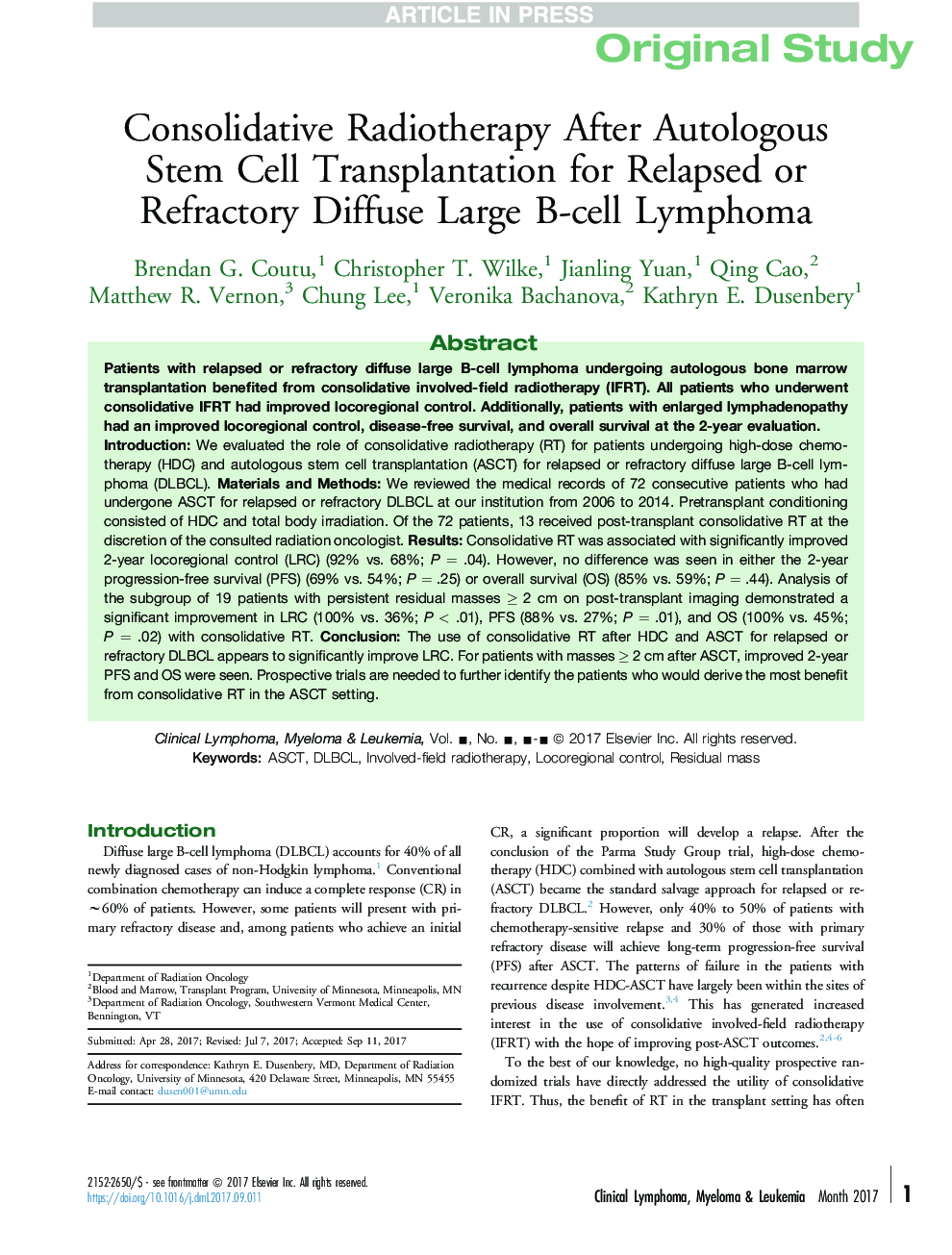 Consolidative Radiotherapy After Autologous Stem Cell Transplantation for Relapsed or Refractory Diffuse Large B-cell Lymphoma