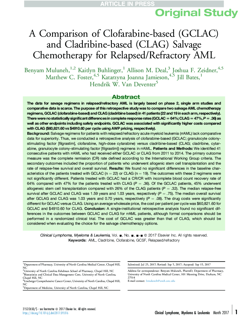 A Comparison of Clofarabine-based (GCLAC) and Cladribine-based (CLAG) Salvage Chemotherapy for Relapsed/Refractory AML