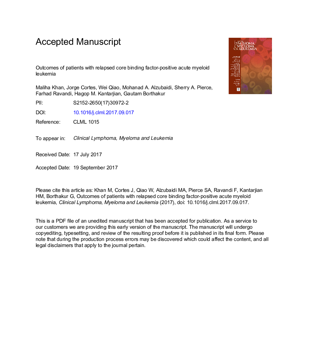 Outcomes of Patients With Relapsed Core Binding Factor-Positive Acute Myeloid Leukemia