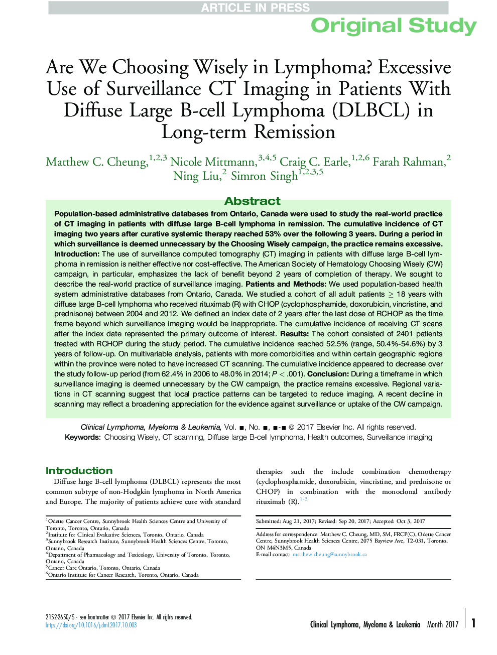 Are We Choosing Wisely in Lymphoma? Excessive Use of Surveillance CT Imaging in Patients With Diffuse Large B-cell Lymphoma (DLBCL) in Long-term Remission