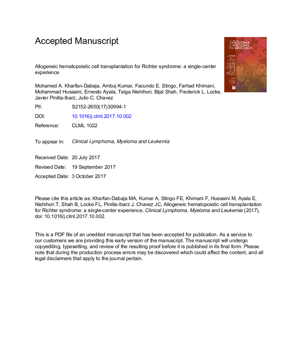 Allogeneic Hematopoietic Cell Transplantation for Richter Syndrome: A Single-Center Experience