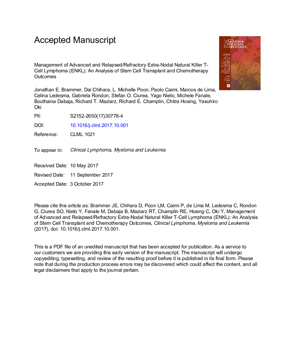 Management of Advanced and Relapsed/Refractory Extranodal Natural Killer T-Cell Lymphoma: An Analysis of Stem Cell Transplantation and Chemotherapy Outcomes