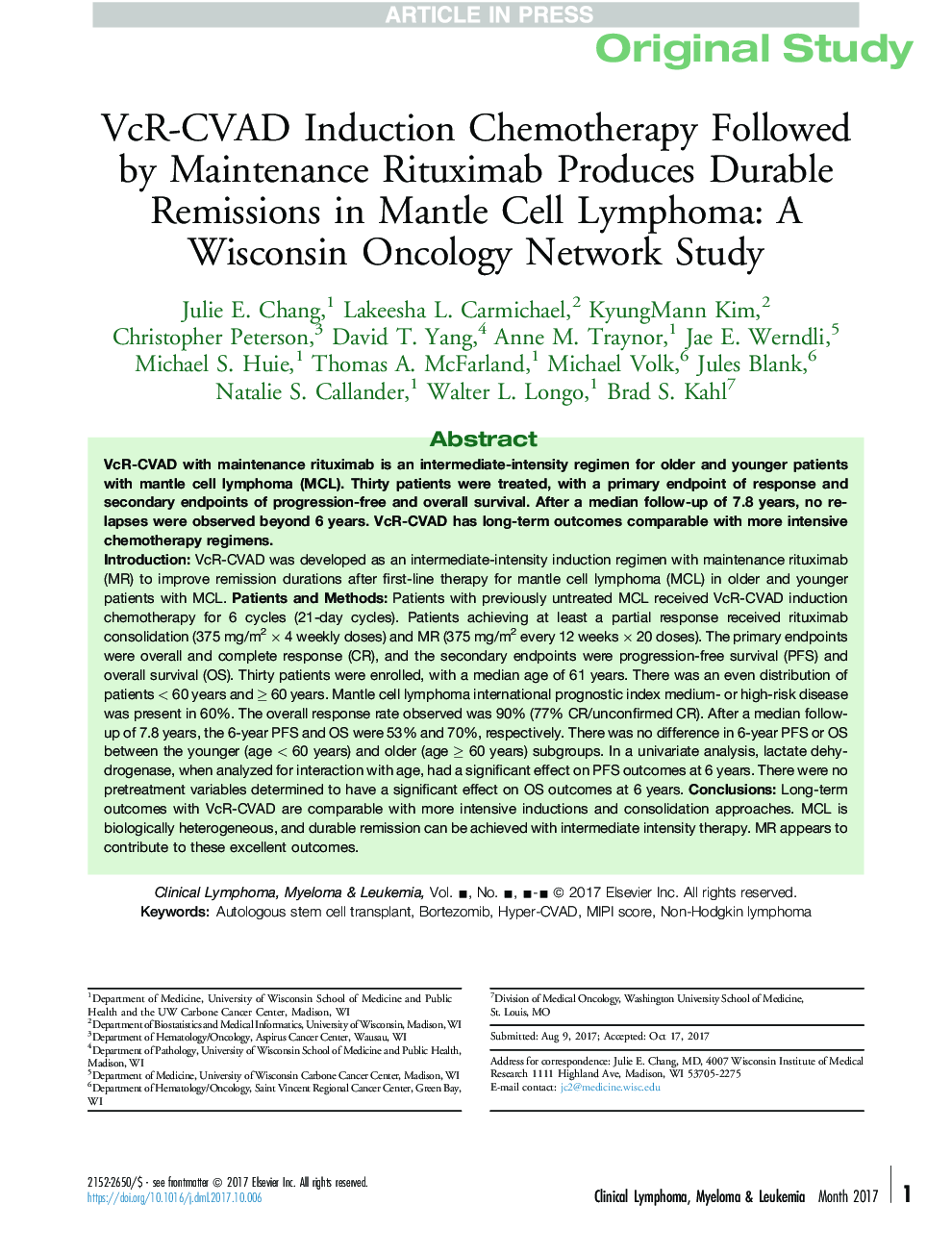 VcR-CVAD Induction Chemotherapy Followed by Maintenance Rituximab Produces Durable Remissions in Mantle Cell Lymphoma: A Wisconsin Oncology Network Study