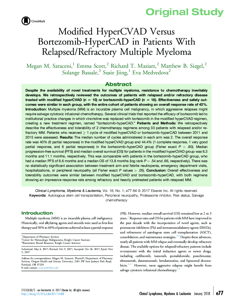 Modified HyperCVAD Versus Bortezomib-HyperCAD in Patients With Relapsed/Refractory Multiple Myeloma