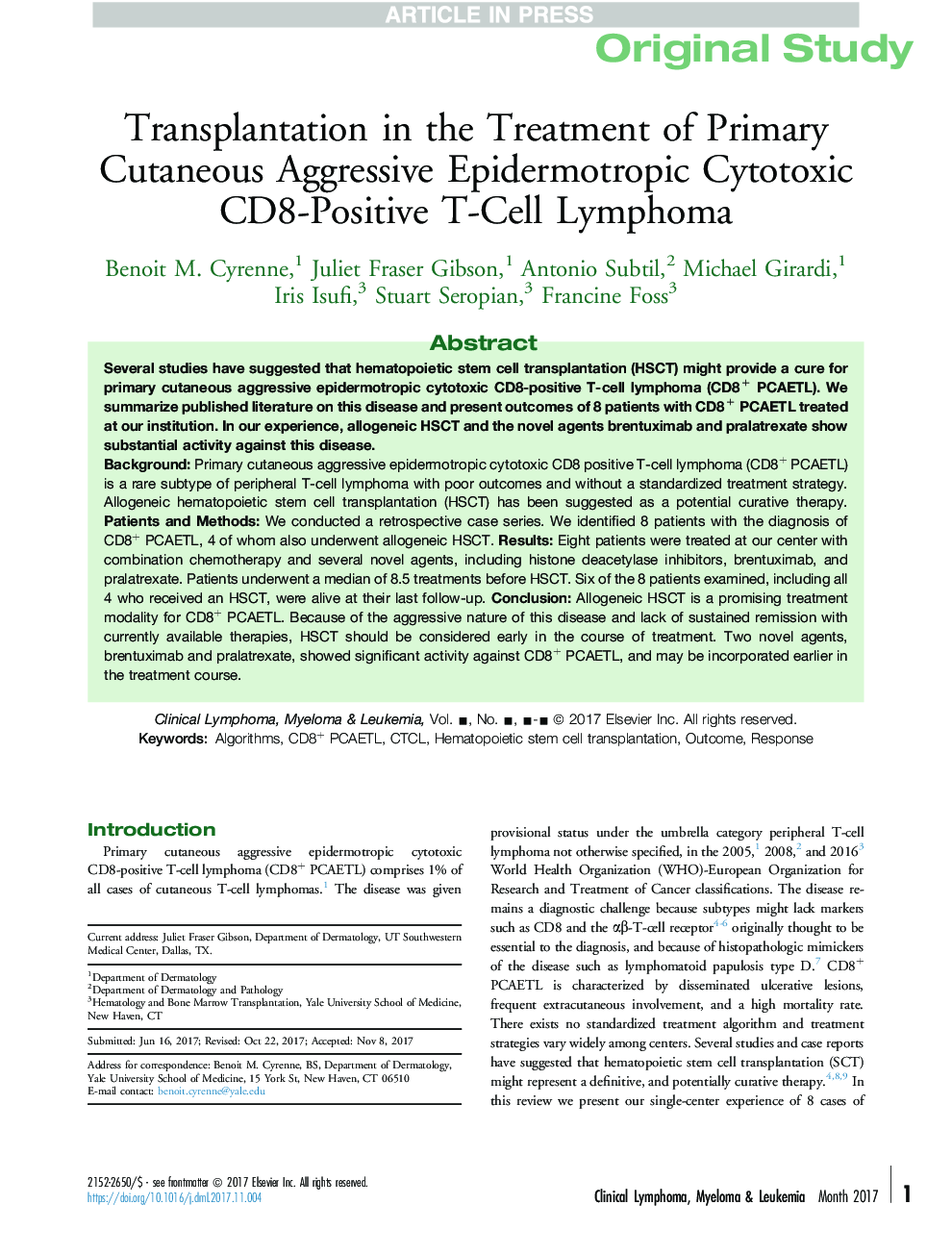 Transplantation in the Treatment of Primary Cutaneous Aggressive Epidermotropic Cytotoxic CD8-Positive T-Cell Lymphoma