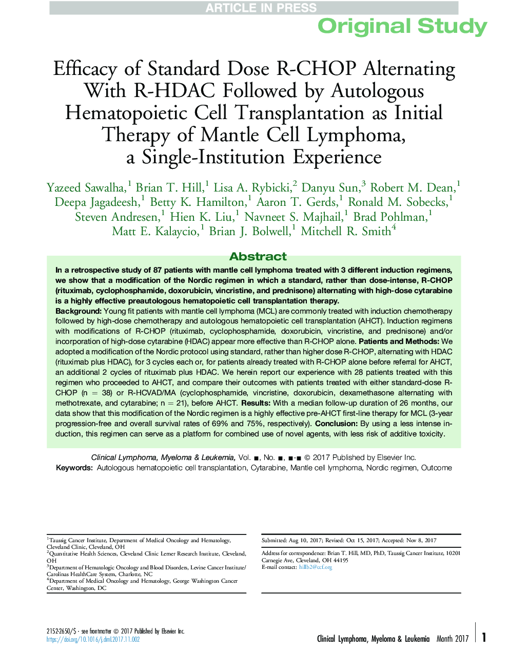 Efficacy of Standard Dose R-CHOP Alternating With R-HDAC Followed by Autologous Hematopoietic Cell Transplantation as Initial Therapy of Mantle Cell Lymphoma, aÂ Single-Institution Experience