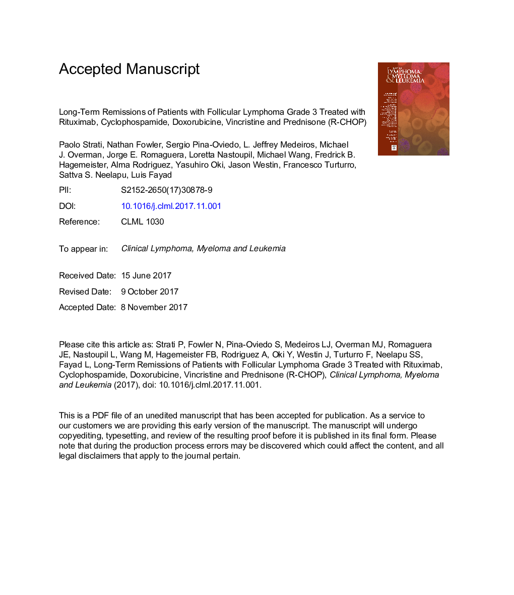 Long-Term Remissions of Patients With Follicular Lymphoma Grade 3 Treated With R-CHOP