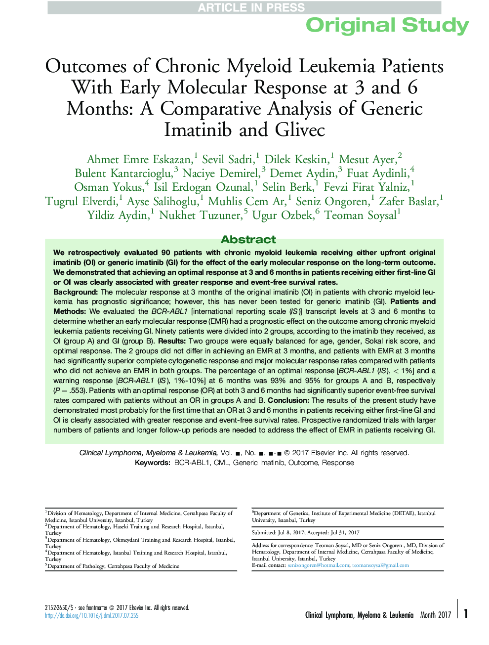 Outcomes of Chronic Myeloid Leukemia Patients With Early Molecular Response at 3 and 6 Months: A Comparative Analysis of Generic Imatinib and Glivec