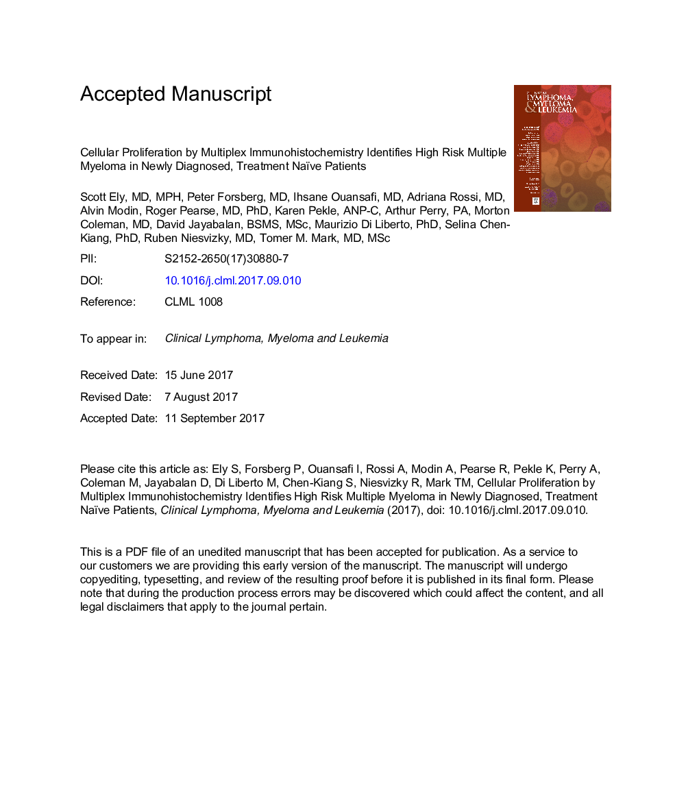 Cellular Proliferation by Multiplex Immunohistochemistry Identifies High-Risk Multiple Myeloma in Newly Diagnosed, Treatment-Naive Patients