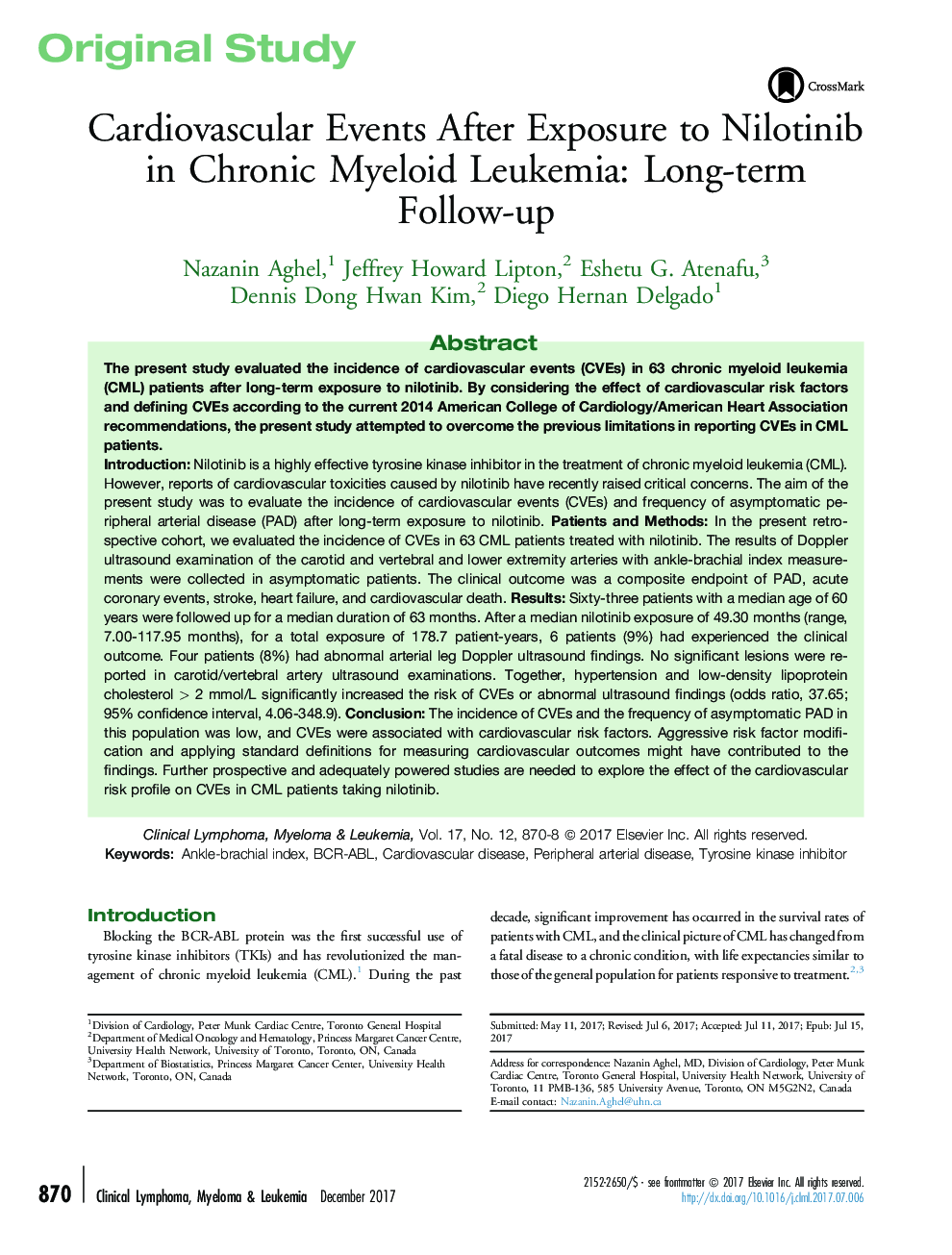 Cardiovascular Events After Exposure to Nilotinib in Chronic Myeloid Leukemia: Long-term Follow-up