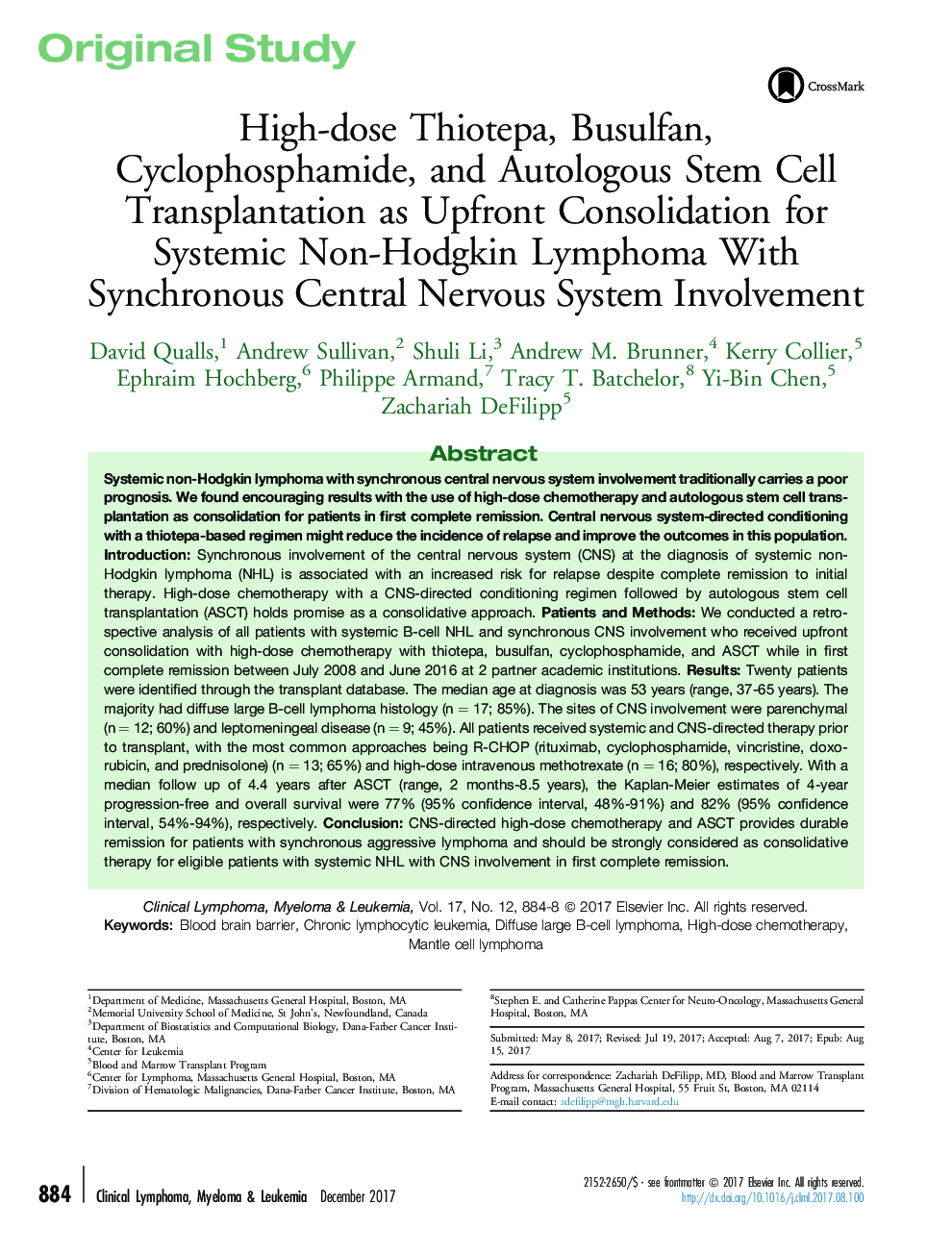 High-dose Thiotepa, Busulfan, Cyclophosphamide, and Autologous Stem Cell Transplantation as Upfront Consolidation for Systemic Non-Hodgkin Lymphoma With Synchronous Central Nervous System Involvement