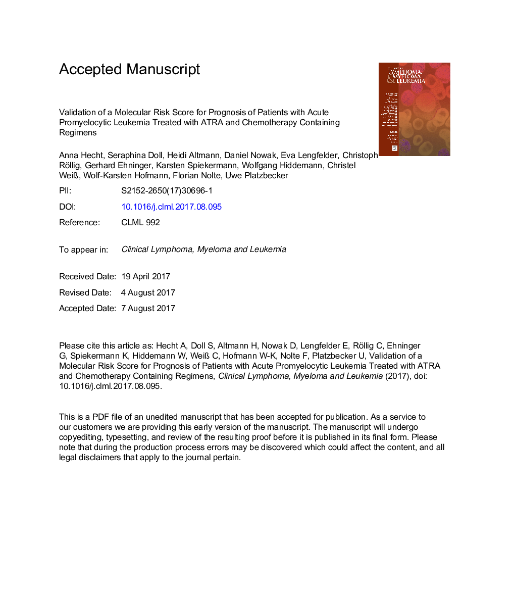 Validation of a Molecular Risk Score for Prognosis of Patients With Acute Promyelocytic Leukemia Treated With All-trans Retinoic Acid and Chemotherapy-containing Regimens