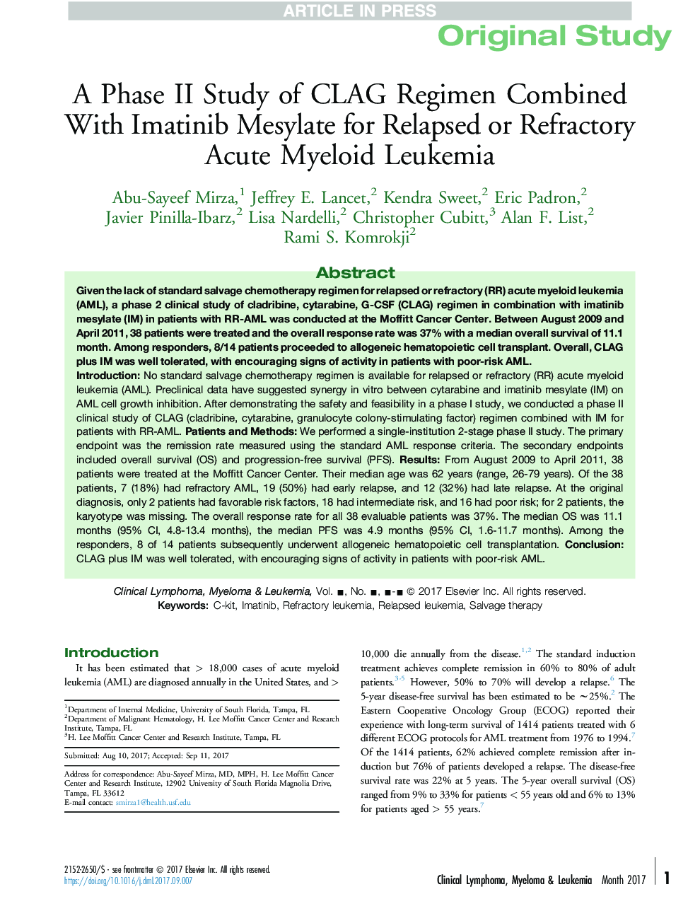 A Phase II Study of CLAG Regimen Combined With Imatinib Mesylate for Relapsed or Refractory Acute Myeloid Leukemia