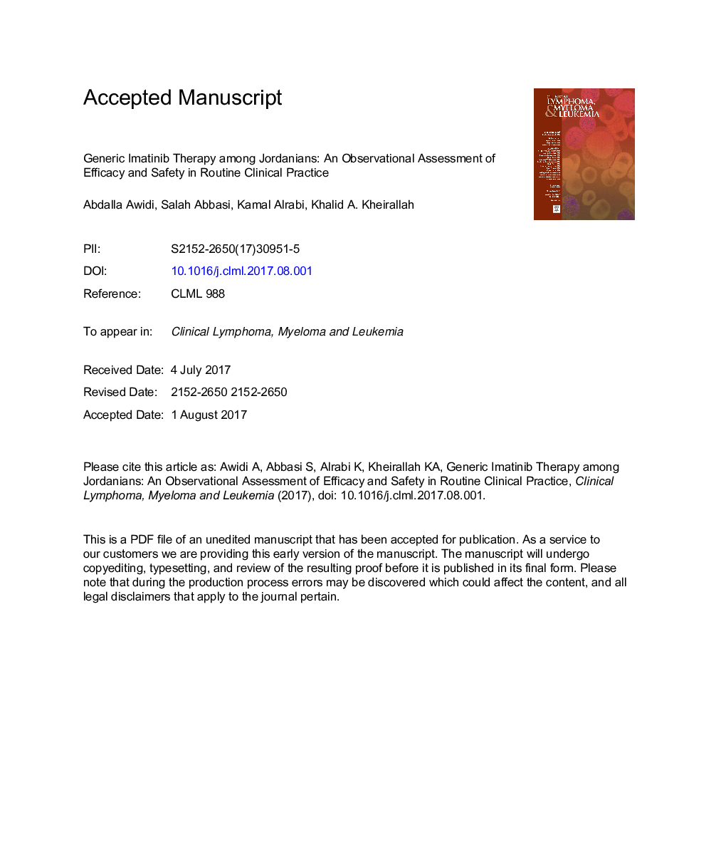 Generic Imatinib Therapy Among Jordanians: An Observational Assessment of Efficacy and Safety in Routine Clinical Practice