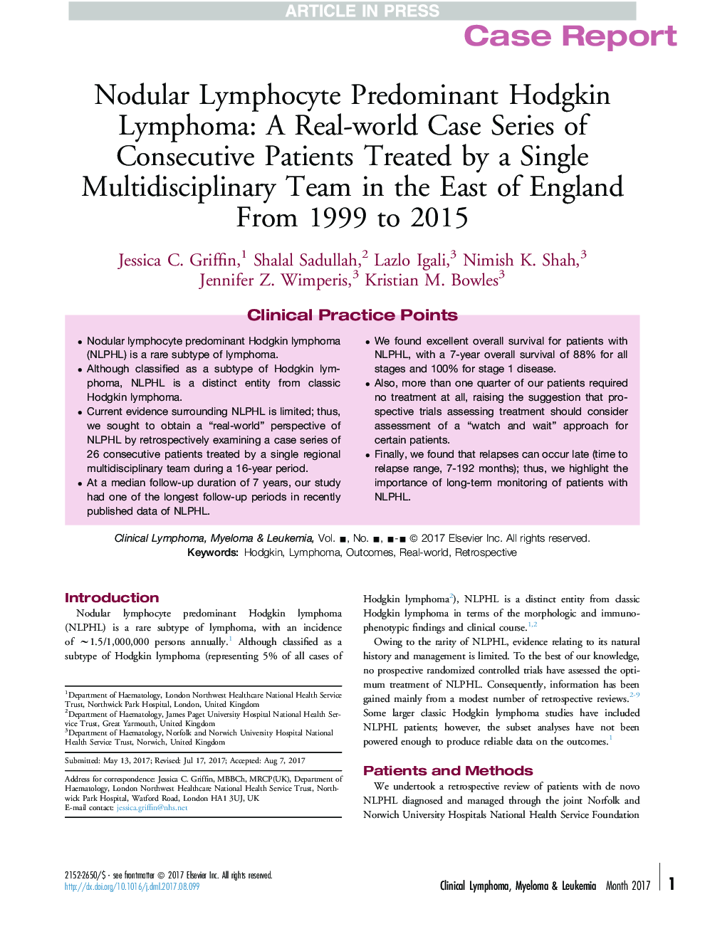 Nodular Lymphocyte Predominant Hodgkin Lymphoma: A Real-world Case Series of Consecutive Patients Treated by a Single Multidisciplinary Team in the East of England From 1999 to 2015