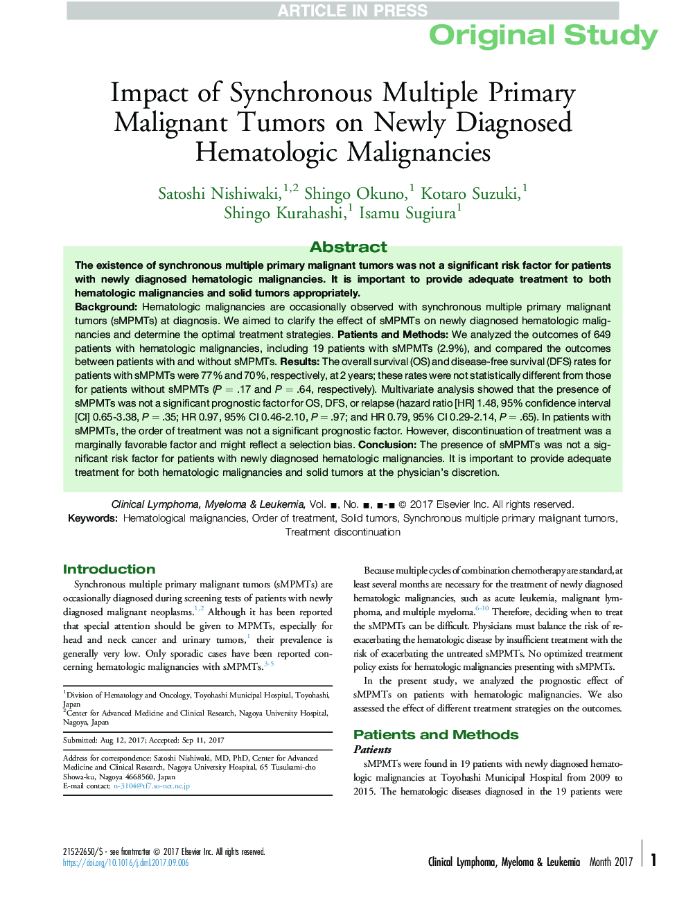Impact of Synchronous Multiple Primary Malignant Tumors on Newly Diagnosed Hematological Malignancies