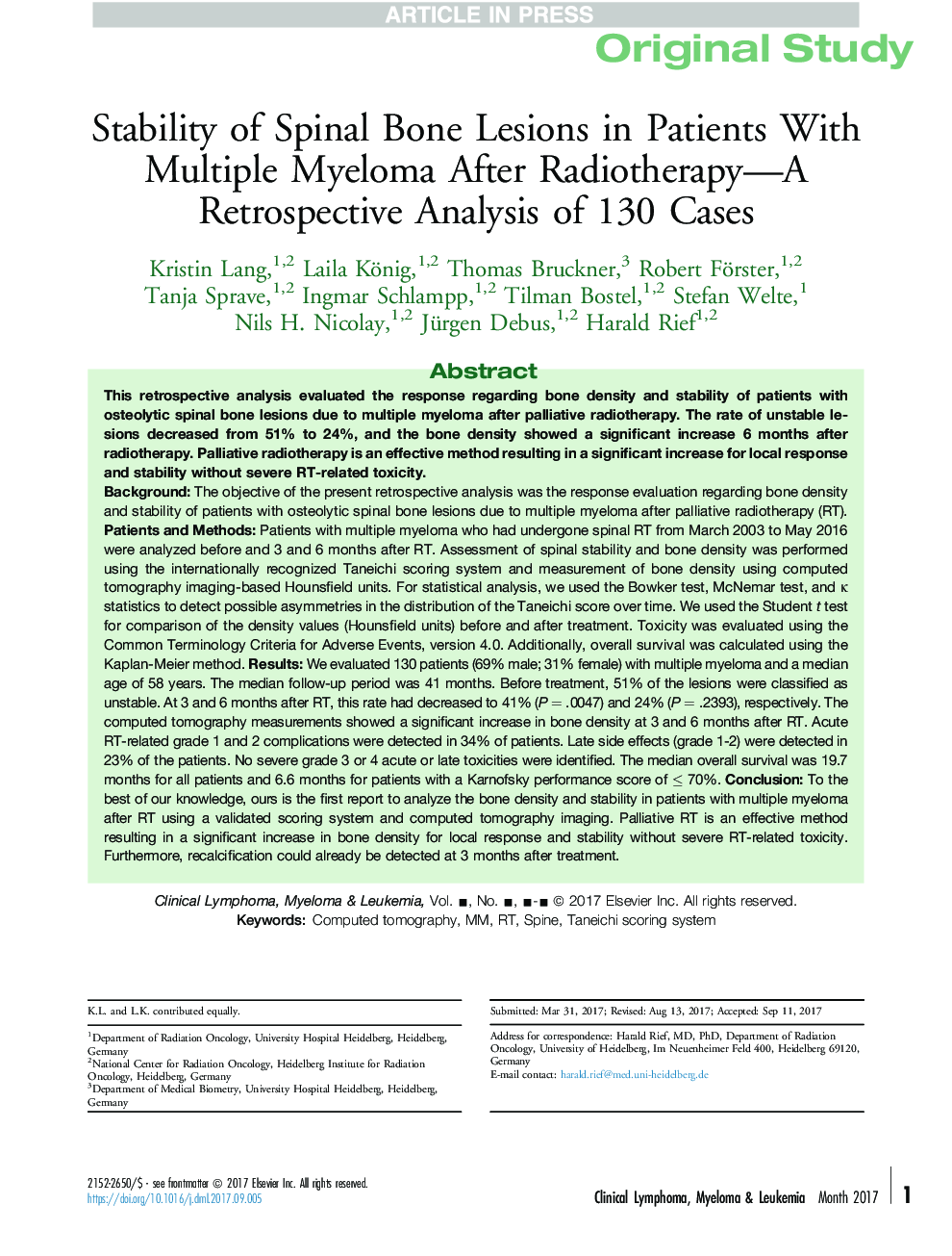 Stability of Spinal Bone Lesions in Patients With Multiple Myeloma After Radiotherapy-A Retrospective Analysis of 130 Cases