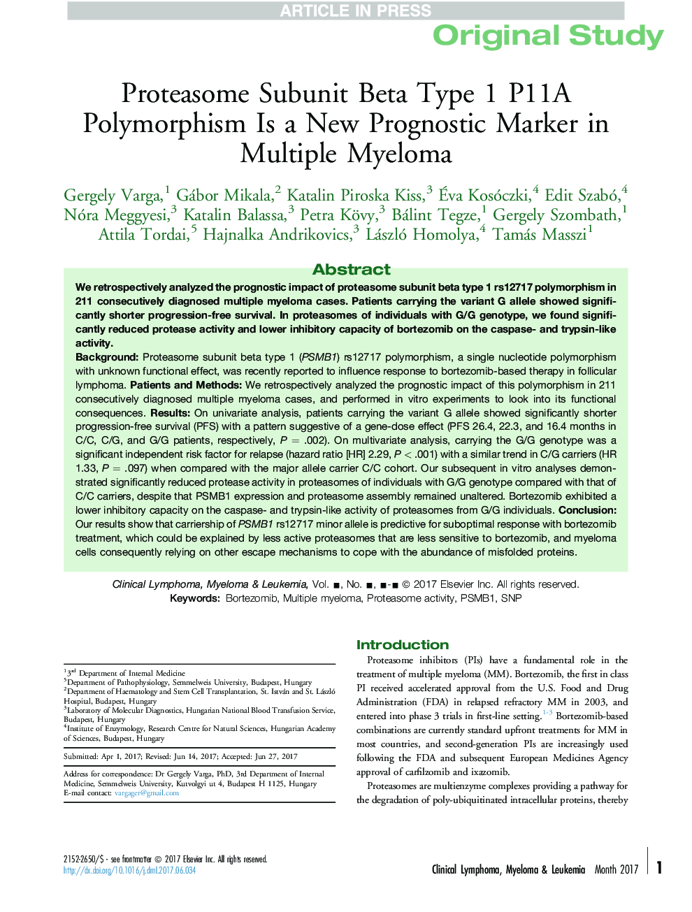 Proteasome Subunit Beta Type 1 P11A Polymorphism Is a New Prognostic Marker in Multiple Myeloma