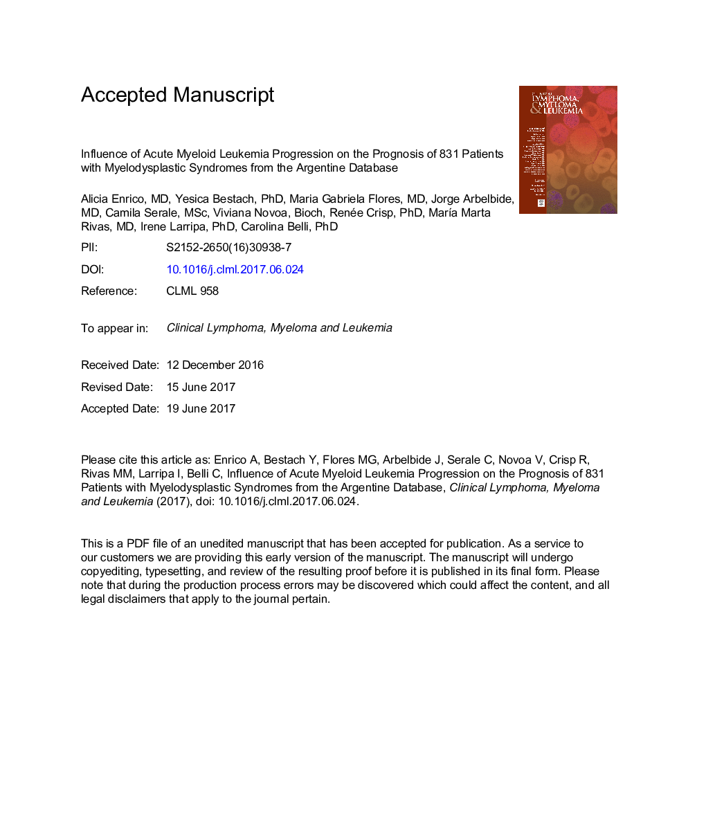 Influence of Acute Myeloid Leukemia Progression on the Prognosis of 831 Patients With Myelodysplastic Syndromes From the Argentine Database