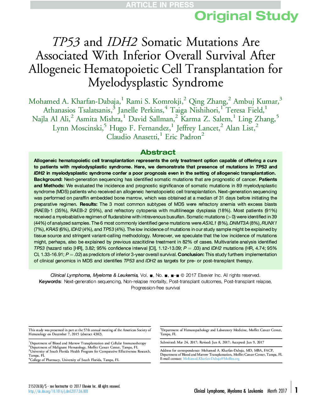 TP53 and IDH2 Somatic Mutations Are Associated With Inferior Overall Survival After Allogeneic Hematopoietic Cell Transplantation for Myelodysplastic Syndrome