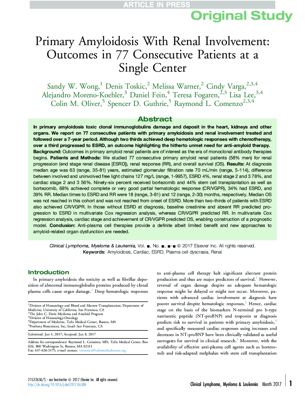 Primary Amyloidosis With Renal Involvement: Outcomes in 77 Consecutive Patients at a Single Center