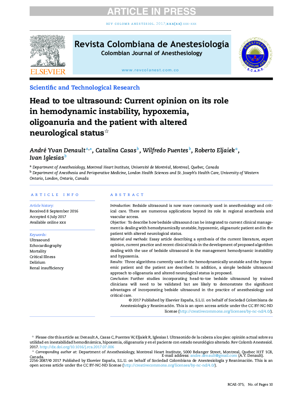 Head to toe ultrasound: Current opinion on its role in hemodynamic instability, hypoxemia, oligoanuria and the patient with altered neurological status