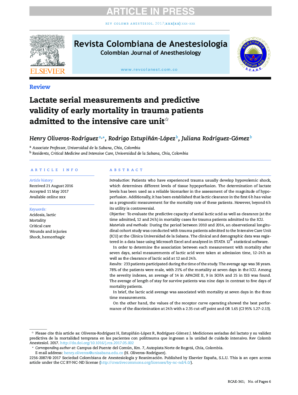 Lactate serial measurements and predictive validity of early mortality in trauma patients admitted to the intensive care unit