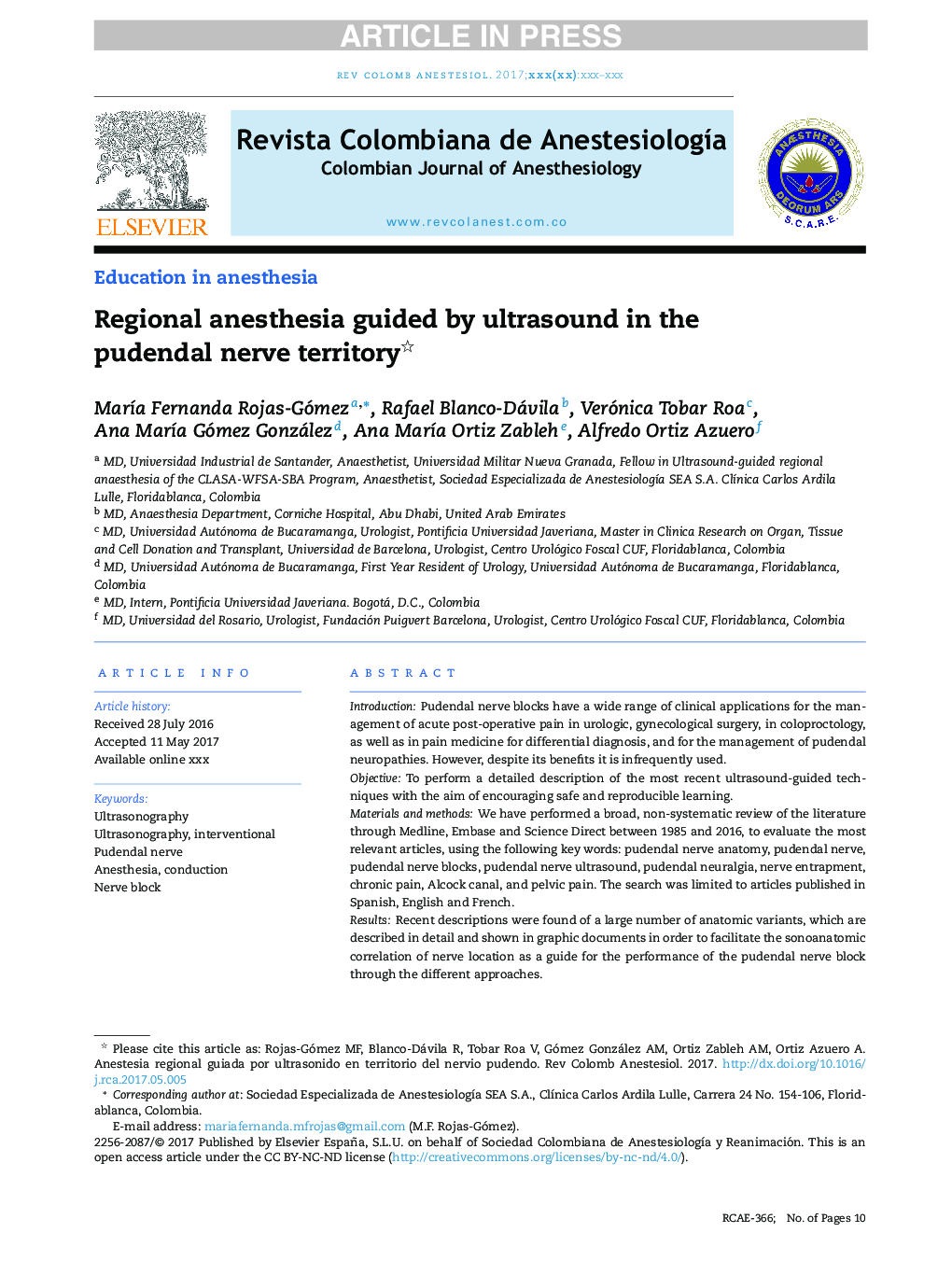 Regional anesthesia guided by ultrasound in the pudendal nerve territory