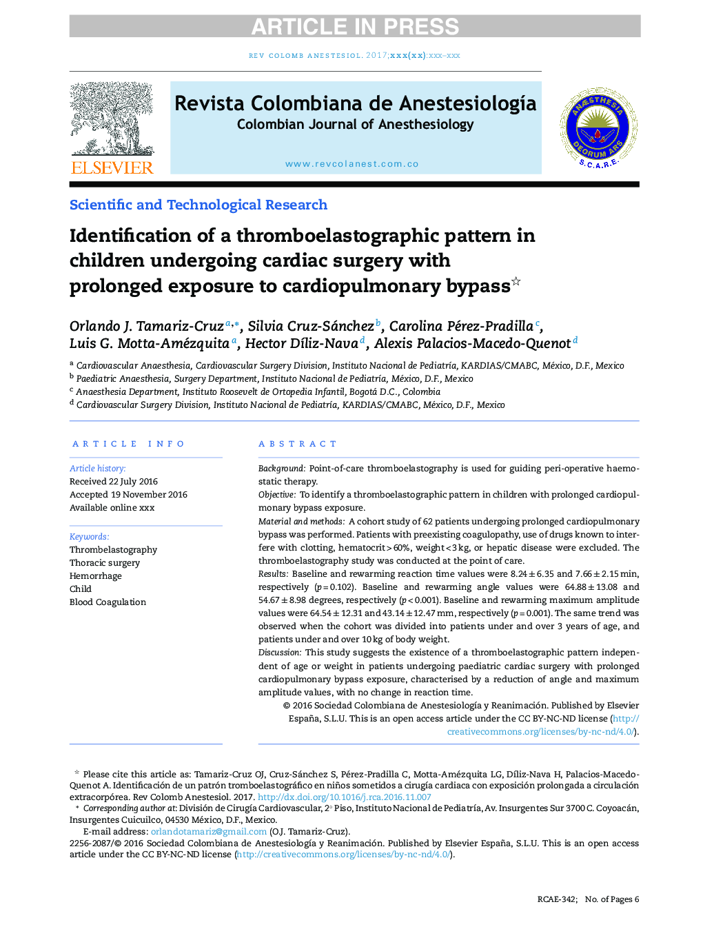 Identification of a thromboelastographic pattern in children undergoing cardiac surgery with prolonged exposure to cardiopulmonary bypass