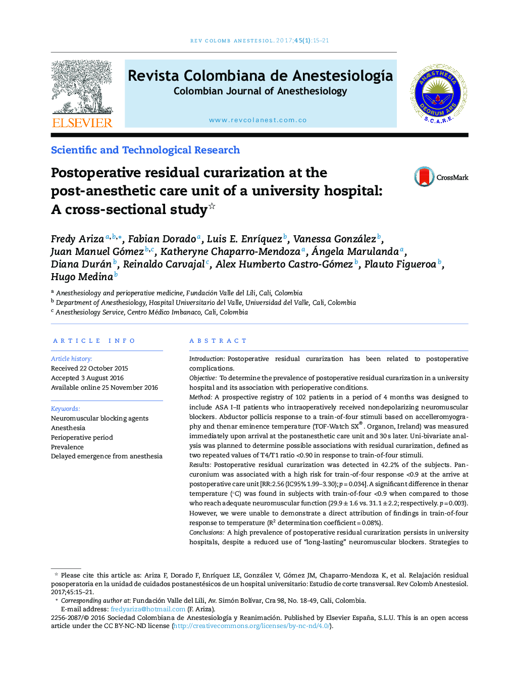 Postoperative residual curarization at the post-anesthetic care unit of a university hospital: A cross-sectional study