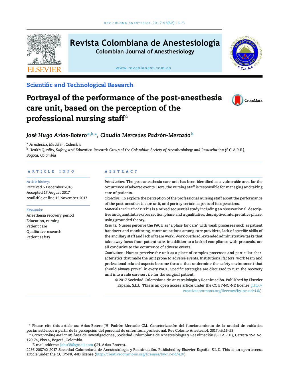 Portrayal of the performance of the post-anesthesia care unit, based on the perception of the professional nursing staff