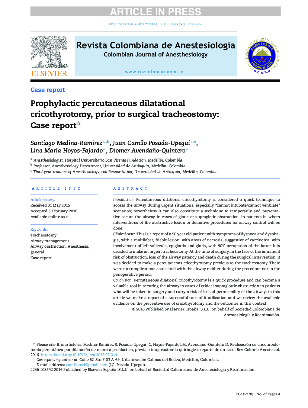 Prophylactic percutaneous dilatational cricothyrotomy, prior to surgical tracheostomy: Case report