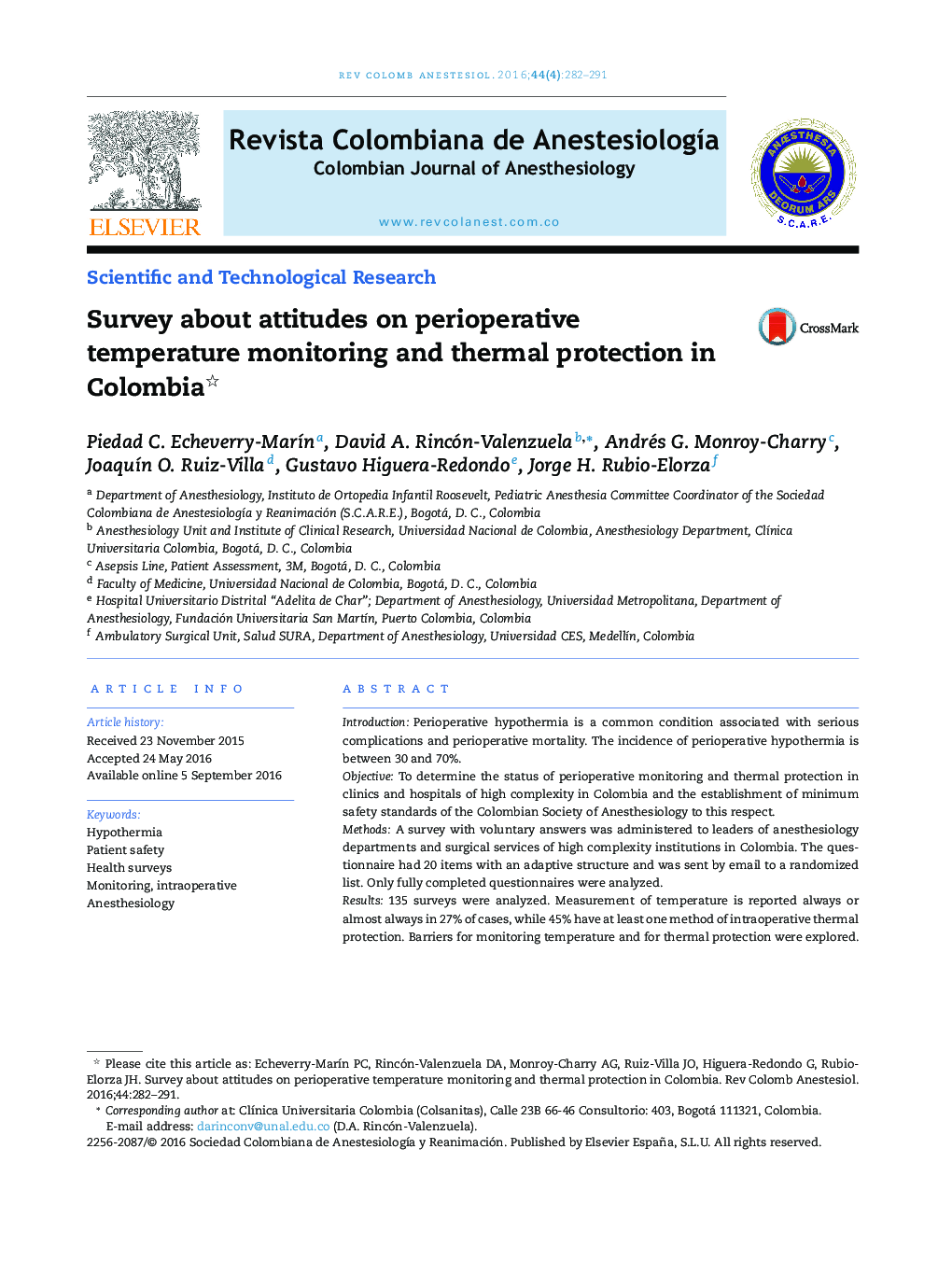 Survey about attitudes on perioperative temperature monitoring and thermal protection in Colombia