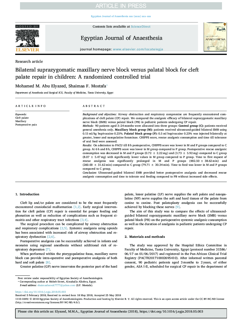بلوک عصب ماگزیلا دو طرفه در مقابل بلوک پالادی برای بازسازی شکاف شکم در کودکان: یک کارآزمایی کنترل شده تصادفی 
