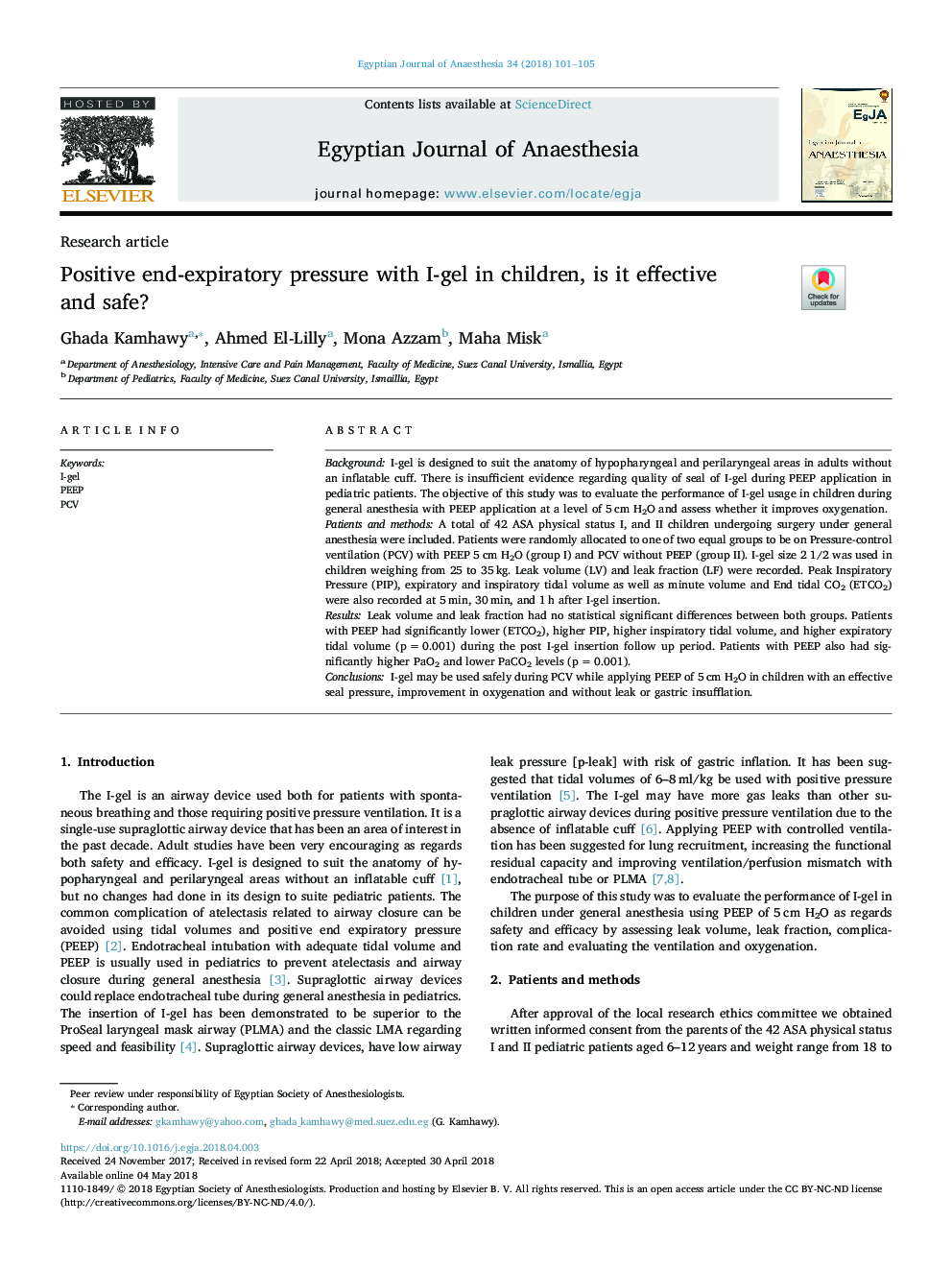 Positive end-expiratory pressure with I-gel in children, is it effective and safe?