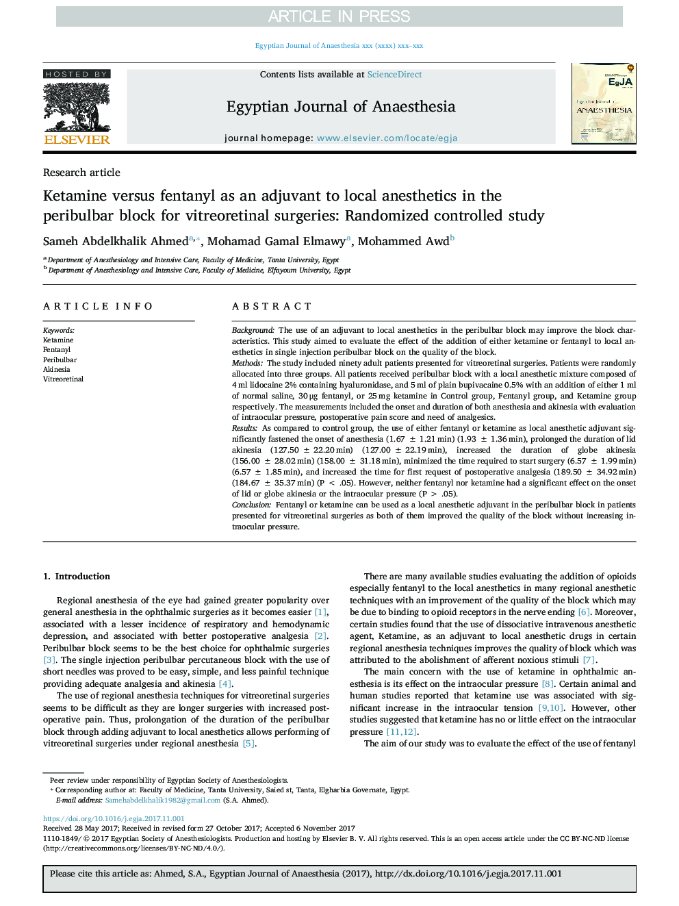 Ketamine versus fentanyl as an adjuvant to local anesthetics in the peribulbar block for vitreoretinal surgeries: Randomized controlled study